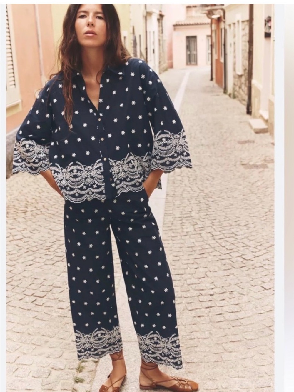 Zara Navy Embroidered Matching Set Top Pants NWT M